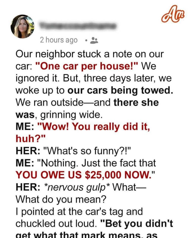 Our Nosy Neighbor Had Our Cars Towed From Our Own Driveway—But Karma Came Knocking
